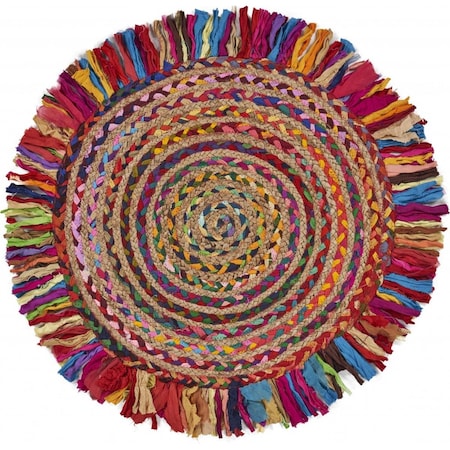 Homeroots 66 x 66 in. Multi Colored Chindi & Natural Jute Fringed Round Rug 394186